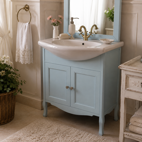 Mobile Bagno Azzurro Polvere con Specchiera e Lavabo in Ceramica - 75x50
