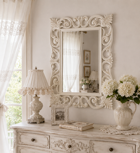 Specchio Shabby Chic con Cornice Intagliata in MDF - 60x80 cm