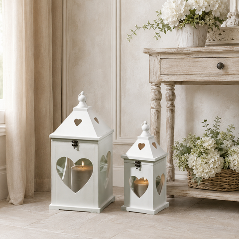 Lanterna Porta Candela in Legno e Metallo Bianca con Cuori