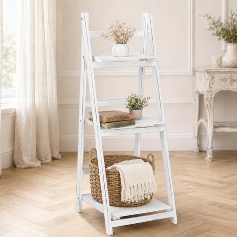 Mensoliera a Scala in Legno Bianco Decapato 3 Ripiani - 41x39xH107cm