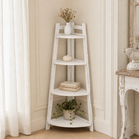 Angoliera da Terra in Legno a 4 Ripiani Scaffale Angolare Shabby Chic - 34x34xH110cm
