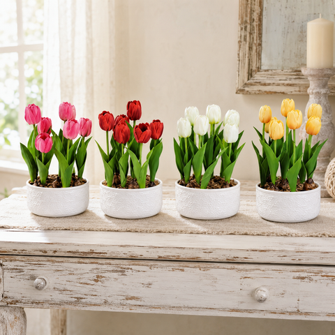 Vaso in Ceramica con Tulipani Artificiali -Colori Assortiti, Ø19xh32cm