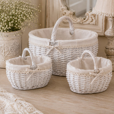 Set 3 Cestini Ovali in Salice Intrecciato Bianco con Manico e Balza in Pizzo