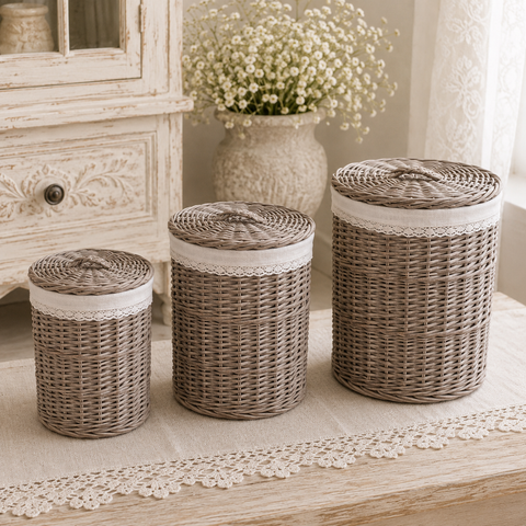 Set 3 Cesti Portabiancheria Tondi Tobias in Salice Intrecciato Grigio