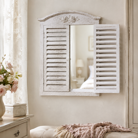 Specchio a Finestra in Legno con Ante Persiane - 48x5xH66 cm