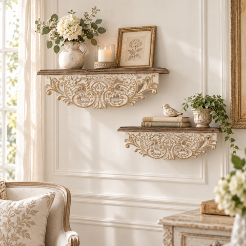 Set 2 Mensole da Parete Intagliate Bianco e Oro – Clayre & Eef, 70x18x22 / 60x14x19 cm