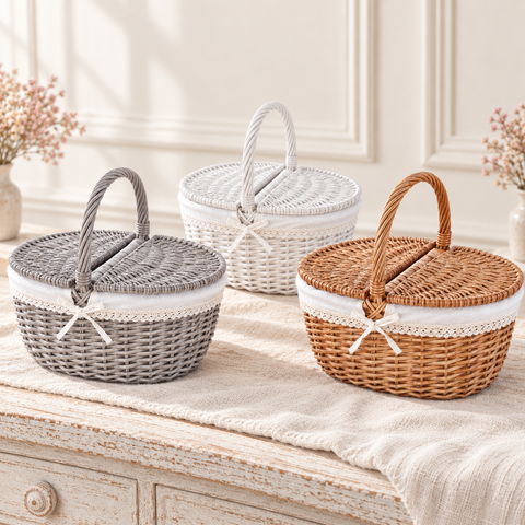 Cestino Ovale da Picnic in Salice Intrecciato Meal con Manico e Coperchio - 41x30xH36 cm