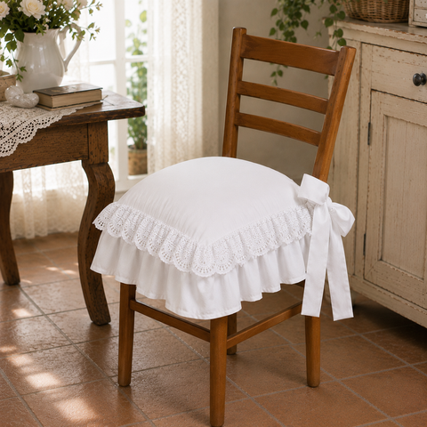 Cuscino Coprisedia Shabby Chic con Doppia Balza e Pizzo Sangallo - Dimensioni Standard 40x40 cm + volant 18cm