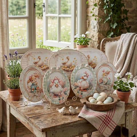 Quadretto Ovale Shabby Chic - Illustrazioni Vintage Animali della Fattoria con Fiocco 3D - Decorazione da Parete Orizzontale o Verticale