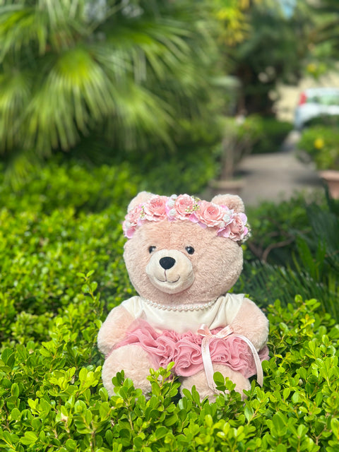 Peluche Orsetto "Flowers Powers" con Corona di Fiori e Tutù | Idea Regalo Nascita MataCreazioni