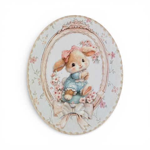 Quadretto Ovale Shabby Chic - Illustrazioni Vintage Animali della Fattoria con Fiocco 3D - Decorazione da Parete Orizzontale o Verticale