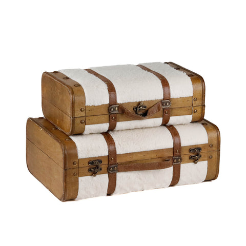 Set 2 Valigie Decorative Goodwill in Legno e Pelliccia - Colore Crema 45/38 cm