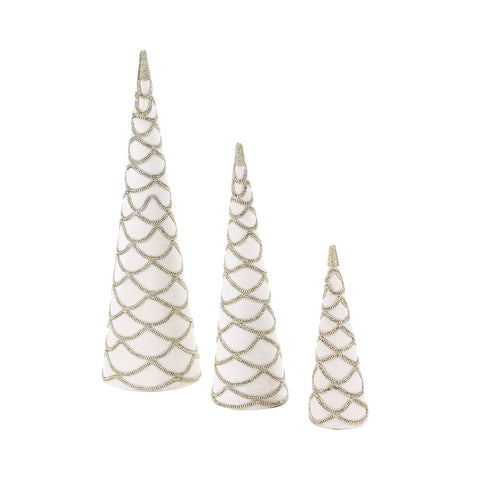 Set 3 Coni Decorativi in Velluto Crema e Gioiello Oro - Goodwill, 62cm