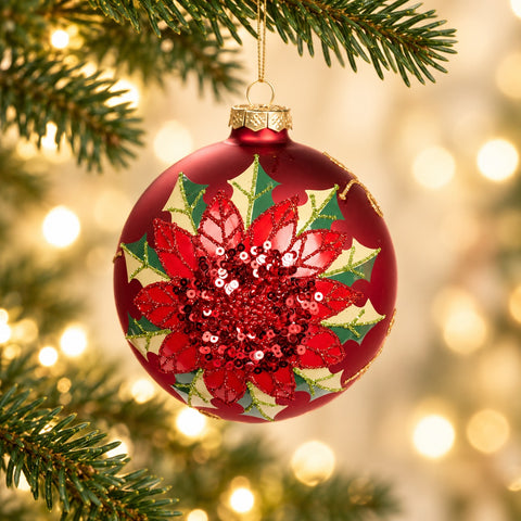 Addobbo Natalizio in Vetro con Stella di Natale in Paillettes Rosso – Goodwill, 10cm