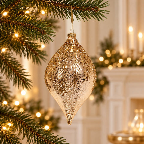 Addobbo Natalizio in Vetro Oro con Rametti Glitterati – Goodwill, 15cm