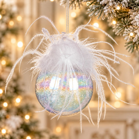 Bola navideña de cristal iridiscente con plumas blancas de Goodwill – 8 cm