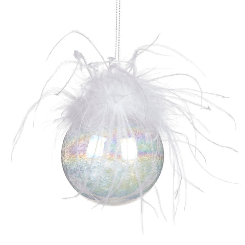 Palla di Natale in Vetro Iridescente con Piume Bianche – Goodwill – 8 cm