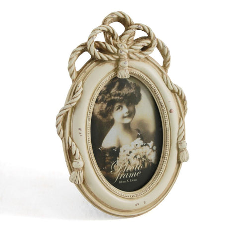 Portafoto Ovale Crema Shabby Chic con Decoro Corda - 17x24.5 cm
