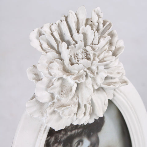 Portafoto Ovale Bianco Shabby Chic con Fiore - 14.5x23 cm