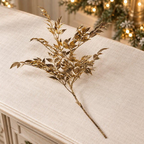 Stelo Decorativo Natalizio Foglie Oro Metallizzato con Glitter – Goodwill, 96cm