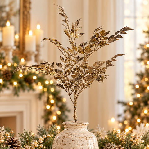Stelo Decorativo Natalizio Foglie Oro Metallizzato con Glitter – Goodwill, 96cm