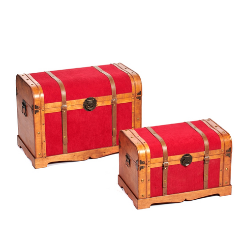 Set 2 Bauli in Legno e Velluto Rosso – Trunk Box Decorativi 78 cm e 60,5 cm