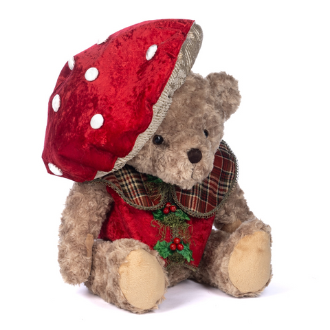 Orsetto Natalizio con Cappello Fungo 50 cm – Peluche Decorativo in Stile Bosco Invernale