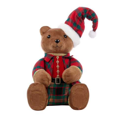 Orsetto Natalizio Seduto in Tessuto Tartan – Rosso/Verde/Marrone – 37 cm