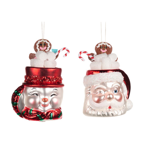 Addobbo Natalizio Mug in Vetro 14cm – Varianti Babbo Natale o Pupazzo di Neve con Gingerbread