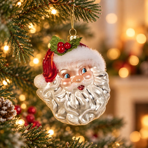 Addobbo Natalizio Testa di Babbo Natale con Agrifoglio in Vetro – Goodwill, 12cm