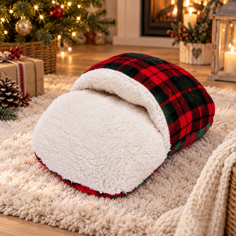 Ciabattona Scaldapiedi in Tessuto Sherpa Tartan - 30x38x13 cm