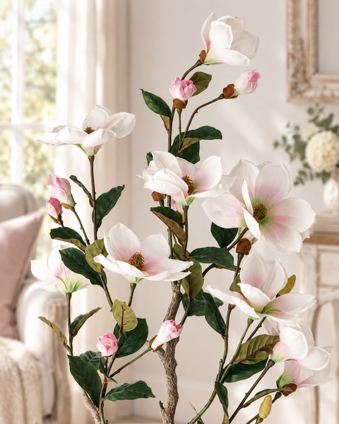 Vaso in Ceramica con fiori di Magnolia (Artificiale) - Bianco con sfumature rosa, 17x125 cm