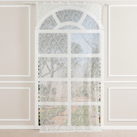Tenda in Pizzo Jade Bianca Shabby Chic con Stringhe - 150x300cm