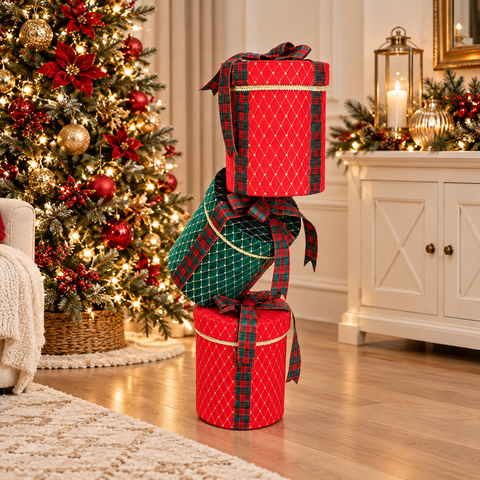Pila di Pacchi Regalo Natalizi in Tessuto Rosso e Verde con Fiocchi Tartan – Goodwill, 86cm