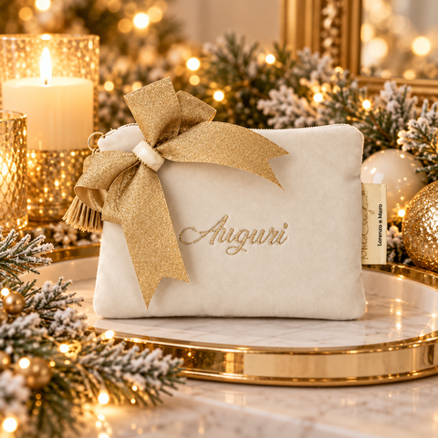 Velvet Mini Pochette con Zip e Scritta Ricamata Oro - Mata Creazioni, 16x11 cm