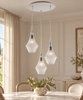 Lampada a Sospensione Moderna con Vetri Pyrex Trasparenti, Ambra o Grigi – Bonetti Illumina Zeus, 1 e 3 Luci ambientata
