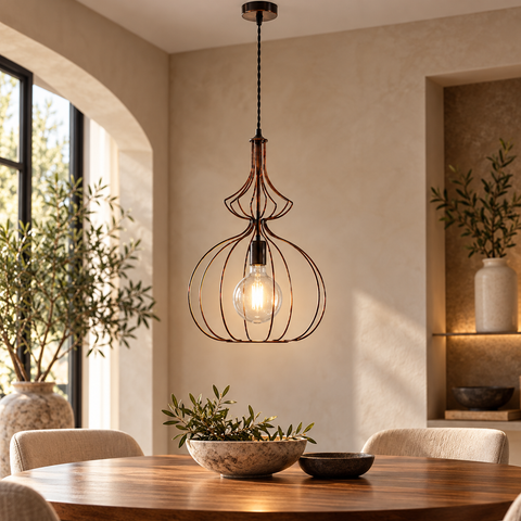Lampada a Sospensione Vintage in Ferro Nero e Rame, Bianco e Argento o Oro – Be Light Olimpia, 1 Luce, Ø35 cm ambientata