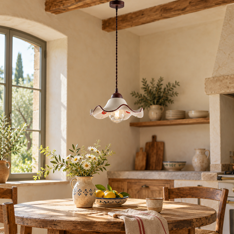 Lampada a Sospensione Vintage in Ferro con Diffusori in Ceramica Decorata – Be Light Anemone, 1 Luce, Ø30 cm ambientata