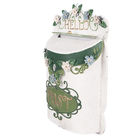 Cassetta Postale da Parete Hello Post in Metallo Bianco e Verde con Fiori by Clayre & Eef, 27x10x42 cm