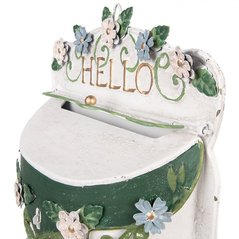 Cassetta Postale da Parete Hello Post in Metallo Bianco e Verde con Fiori by Clayre & Eef, 27x10x42 cm