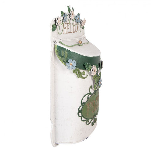 Cassetta Postale da Parete Hello Post in Metallo Bianco e Verde con Fiori by Clayre & Eef, 27x10x42 cm