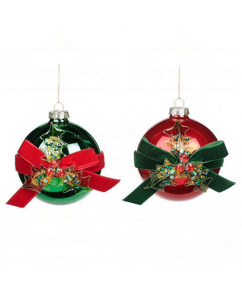 SANTA'S WORKSHOP GLASS BALL WITH BOW AND HOLLY