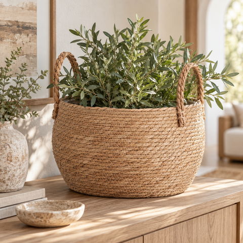 Set Cesti Contenitore Ovale in Fibra Naturale con Manici - 25x23x h18 cm, 33x31x h20 cm, 39x35x h26 cm