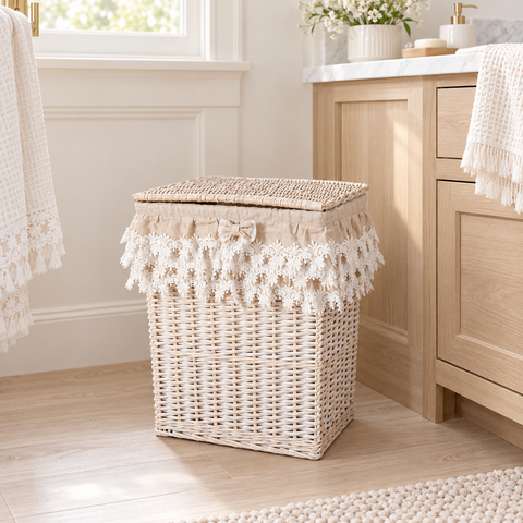 Cesto para la ropa sucia de ratán natural “Lace” – Individual con volante y lazo (Grande, Mediano o Pequeño)
