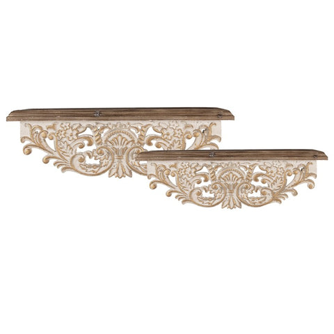 Set 2 Mensole da Parete Intagliate Bianco e Oro – Clayre & Eef, 70x18x22 / 60x14x19 cm