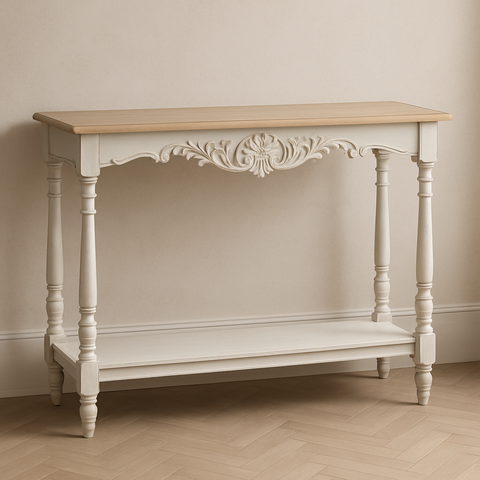 Consolle Decorata Shabby Chic con Ripiano – 120x40x80,5 cm
