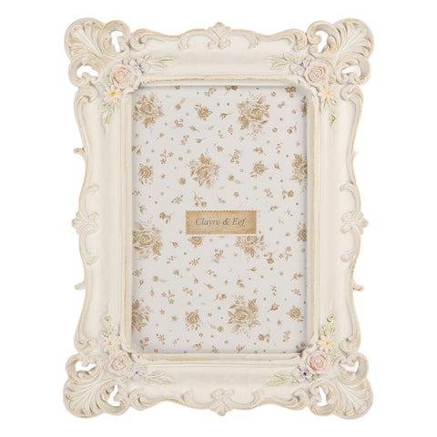 Cornice portafoto decorata in plastica – 16x2x21 cm (foto 10x15 cm, beige) by Clayre & Eef