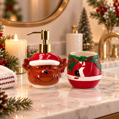 Set Bagno 2 Pezzi Natalizio in Ceramica - Soggetti Assortiti