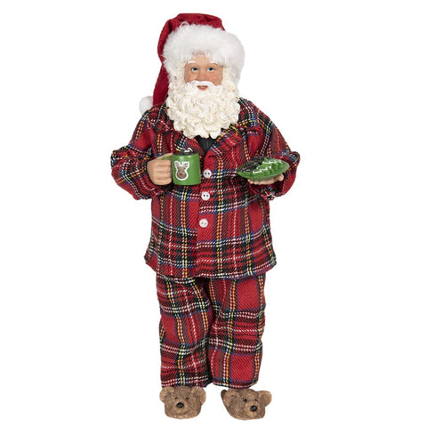 Statuetta Babbo Natale in Pigiama Scozzese con Tazza e Biscotti – 28 cm