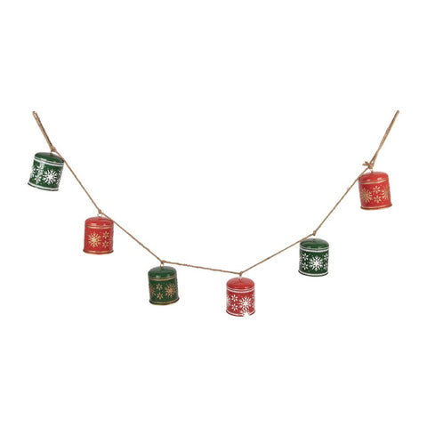 Festone Ghirlanda Natalizia con Campane in Metallo Rosso e Verde - Clayre & Eef, 150x12x17 cm